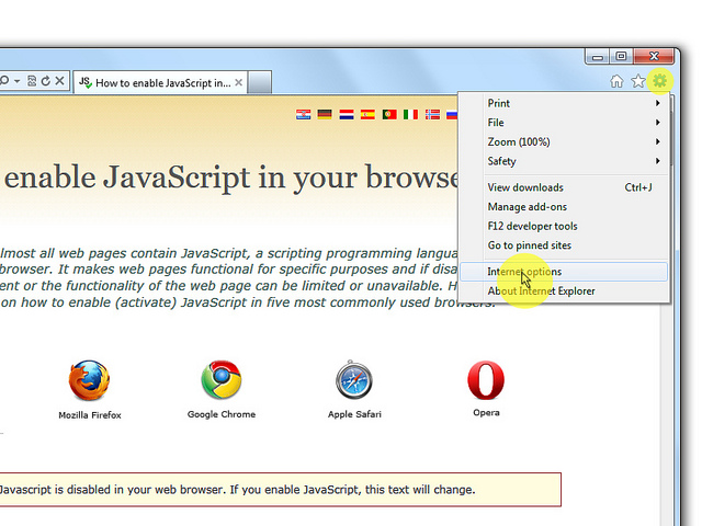 On web browser menu click "Tools" menu and select "Internet Options".